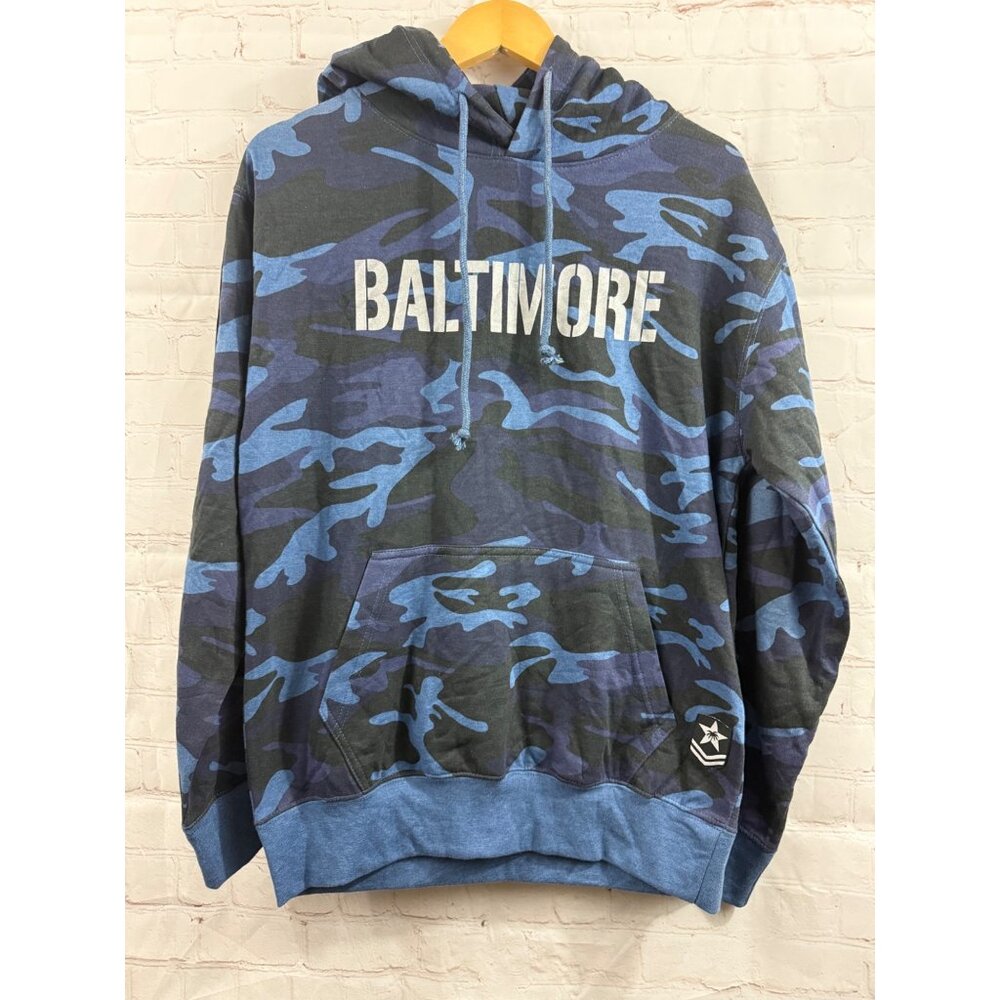 Pop Surf Baltimore Hoodie Mens Size Medium Blue Black Camo Race Stripe Sleeve